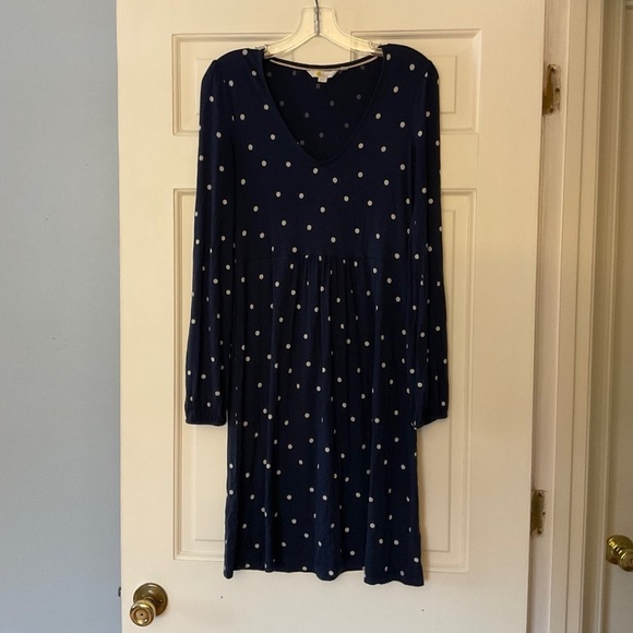 Boden Stretch Jersey Dress Blue White Polka Dot V Neck Long Sleeve US 4R 4 - Picture 1 of 8